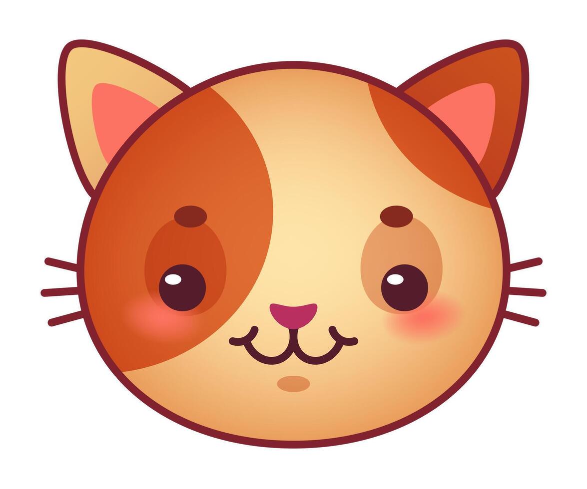 Adorable cartoon cat face featuring orange and beige fur, smiling with closed mouth and rosy cheeks, radiating happiness and warmth, ideal for children's illustrations and greeting cards vector
