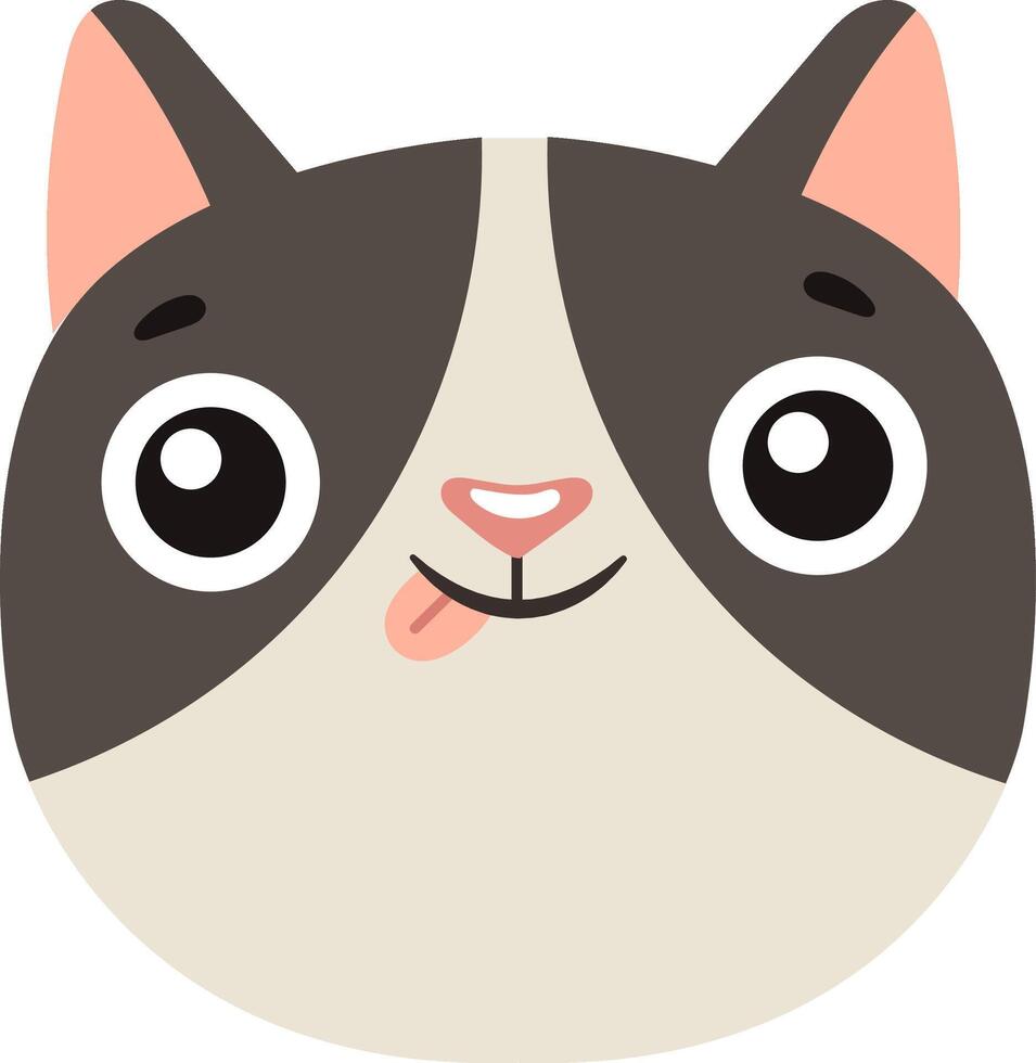 Adorable cartoon cat face with large eyes and a playful expression. Features include a small pink nose, tongue sticking out, and prominent ears. Perfect for children's illustrations and designs vector