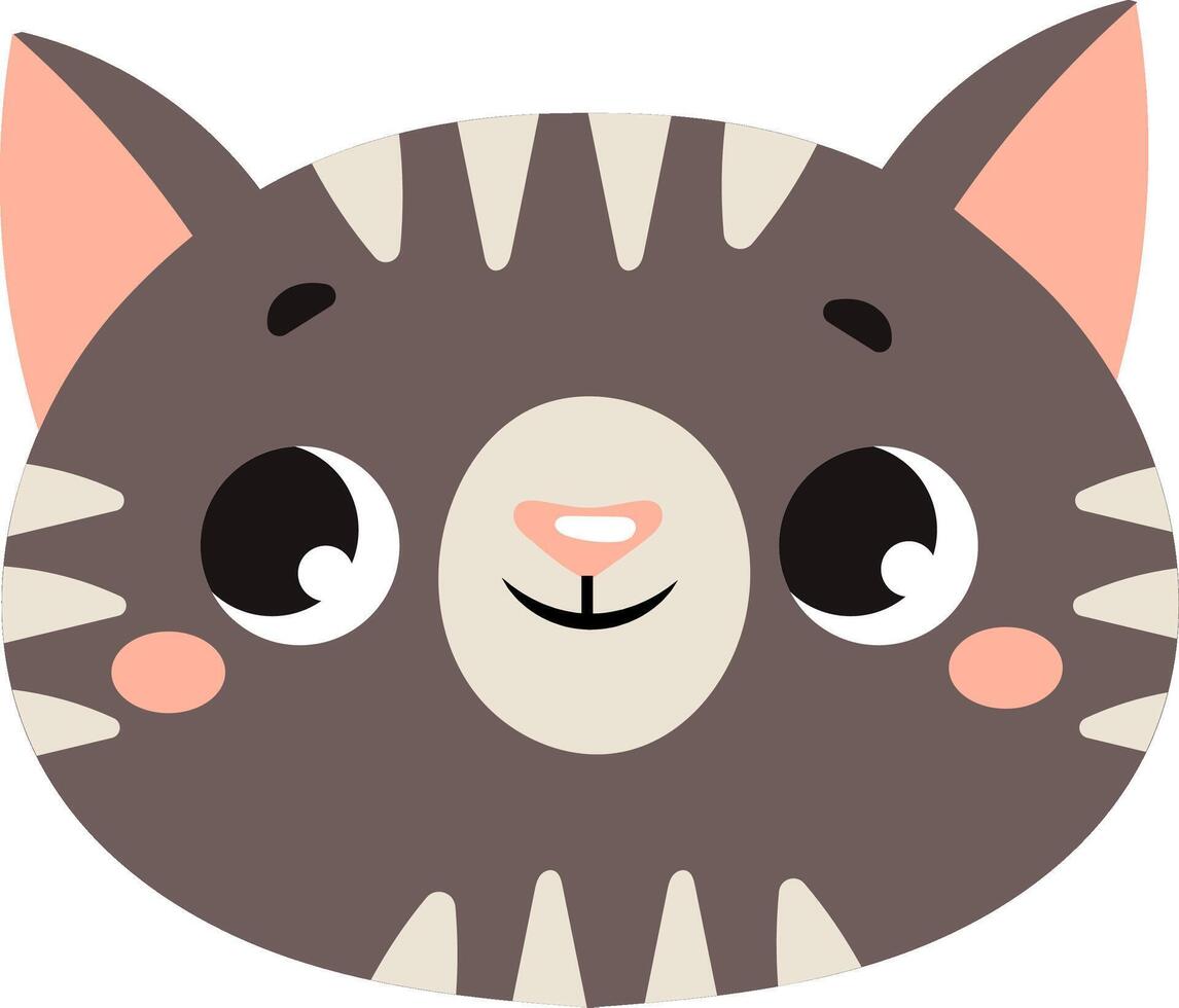 Cute cartoon cat face with big eyes and a friendly smile. Features include gray fur, pink ears, and rosy cheeks. Perfect for children's illustrations and playful designs vector