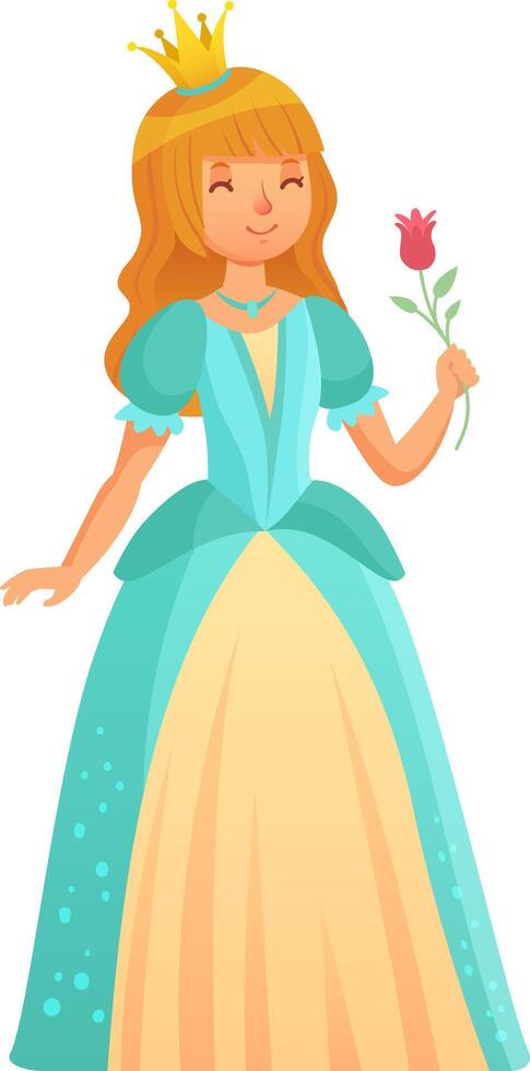 Beautiful princess with closed eyes and long blonde hair holding a red rose, wearing a turquoise and gold elegant dress and a gold crown, in a colorful cartoon style vector