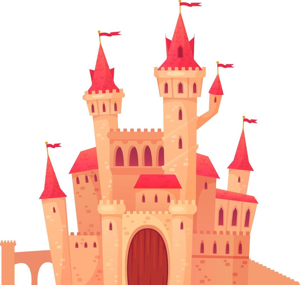 Cartoon illustration of a majestic fairytale castle with red roof, towers, flags, and a wooden gate, isolated on white background, perfect for children's books or fantasy projects vector