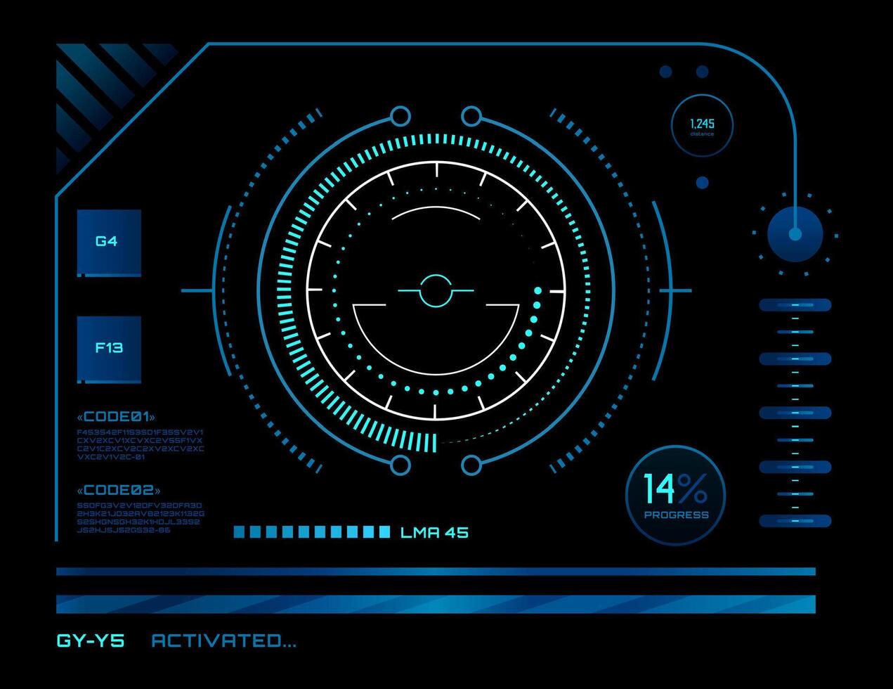 Futuristic head up display is showing progress, code information, radar and different metrics, with a dark background and glowing blue and white elements vector