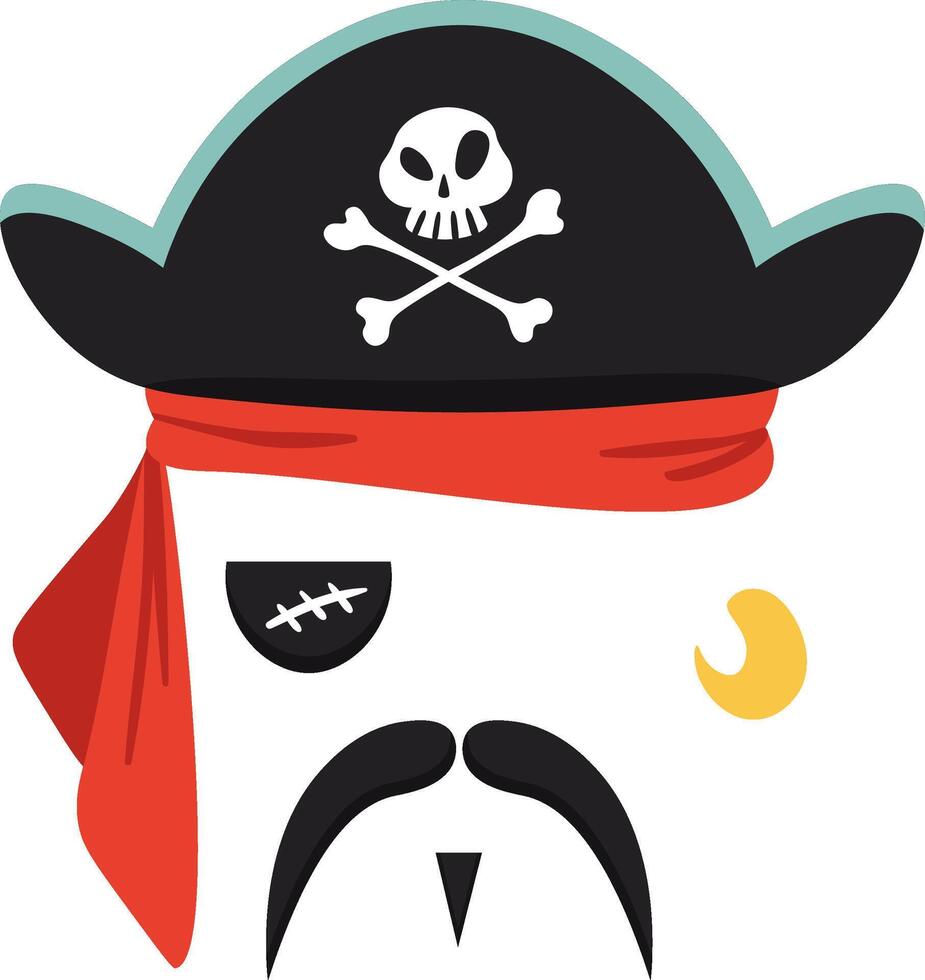 Stylized drawing of a pirate face, wearing a black hat with skull and crossbones, red bandana, mustache, black eye patch and golden earring vector