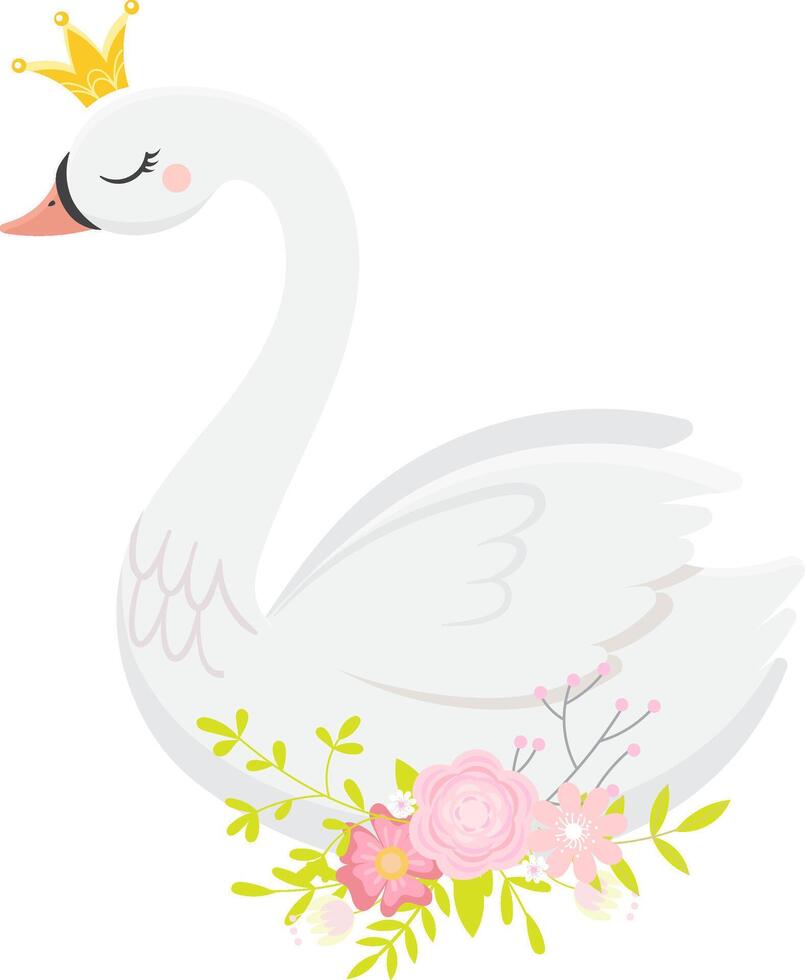 Cute illustration of a majestic white swan wearing a golden crown and surrounded by pink flowers and green leaves, creating a dreamy and elegant atmosphere vector