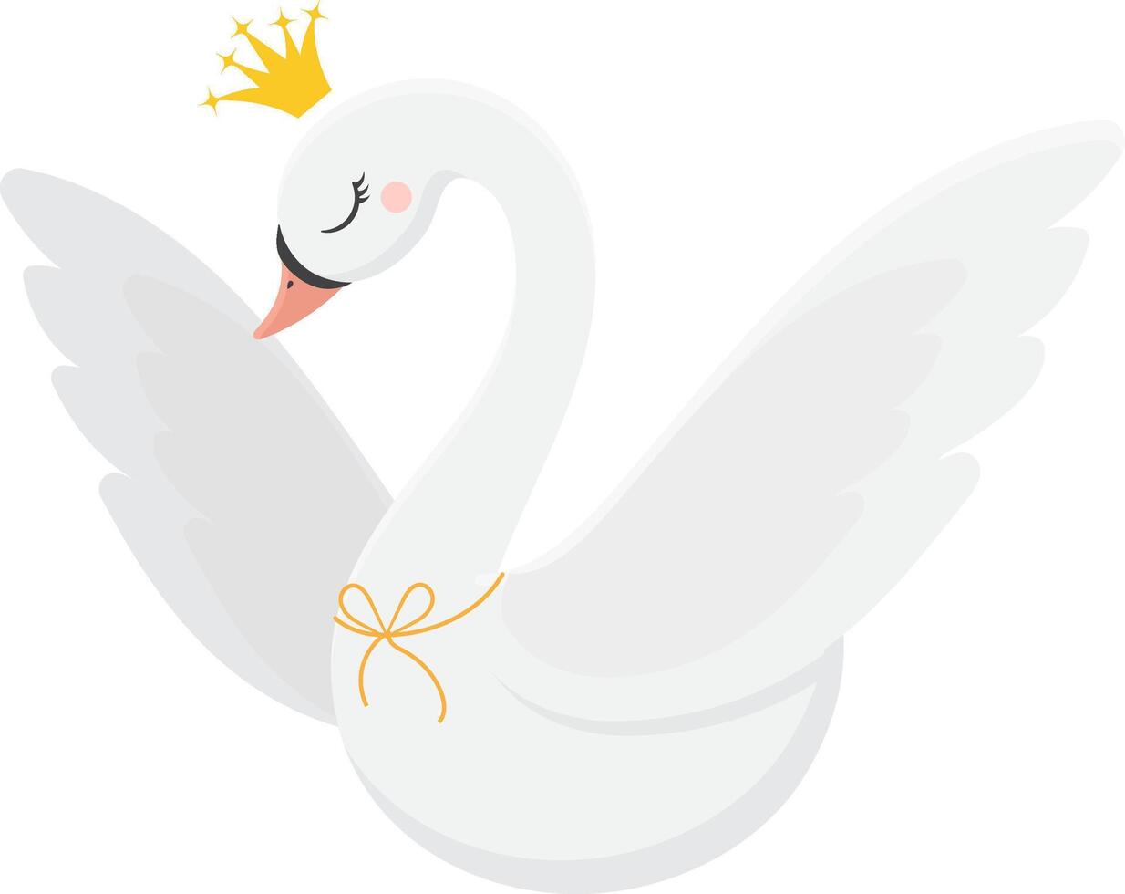Cute illustration of a white swan wearing a golden crown, with open wings and a golden ribbon, perfect for children's book illustrations, greeting cards, baby shower invitations and wall art vector