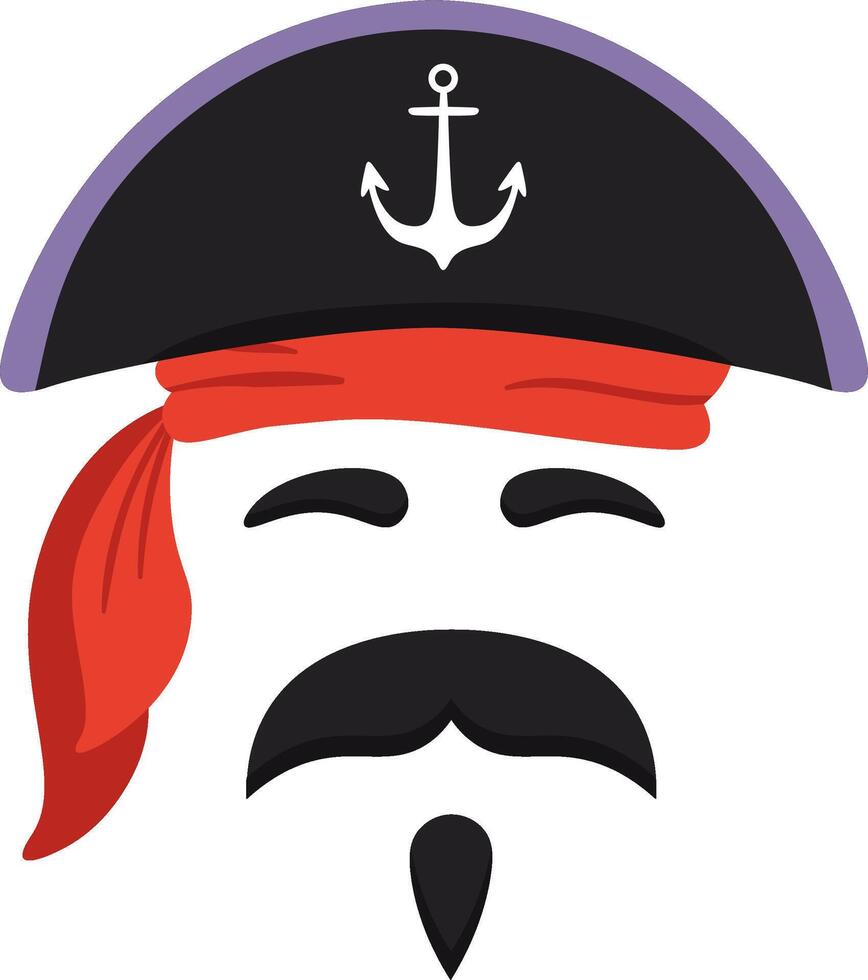 Cartoon pirate captain sporting closed eyes, wearing a black hat adorned with an anchor and a vibrant red bandana, featuring a distinctive black mustache and goatee vector