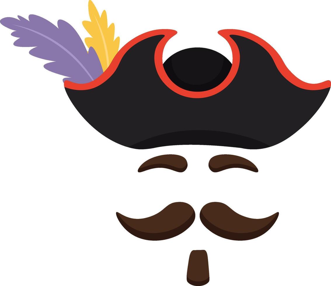 Cartoon illustration of a pirate captain face wearing a black tricorn hat with red brim decorated with purple and yellow feathers, thick brown eyebrows, handlebar mustache and goatee beard vector
