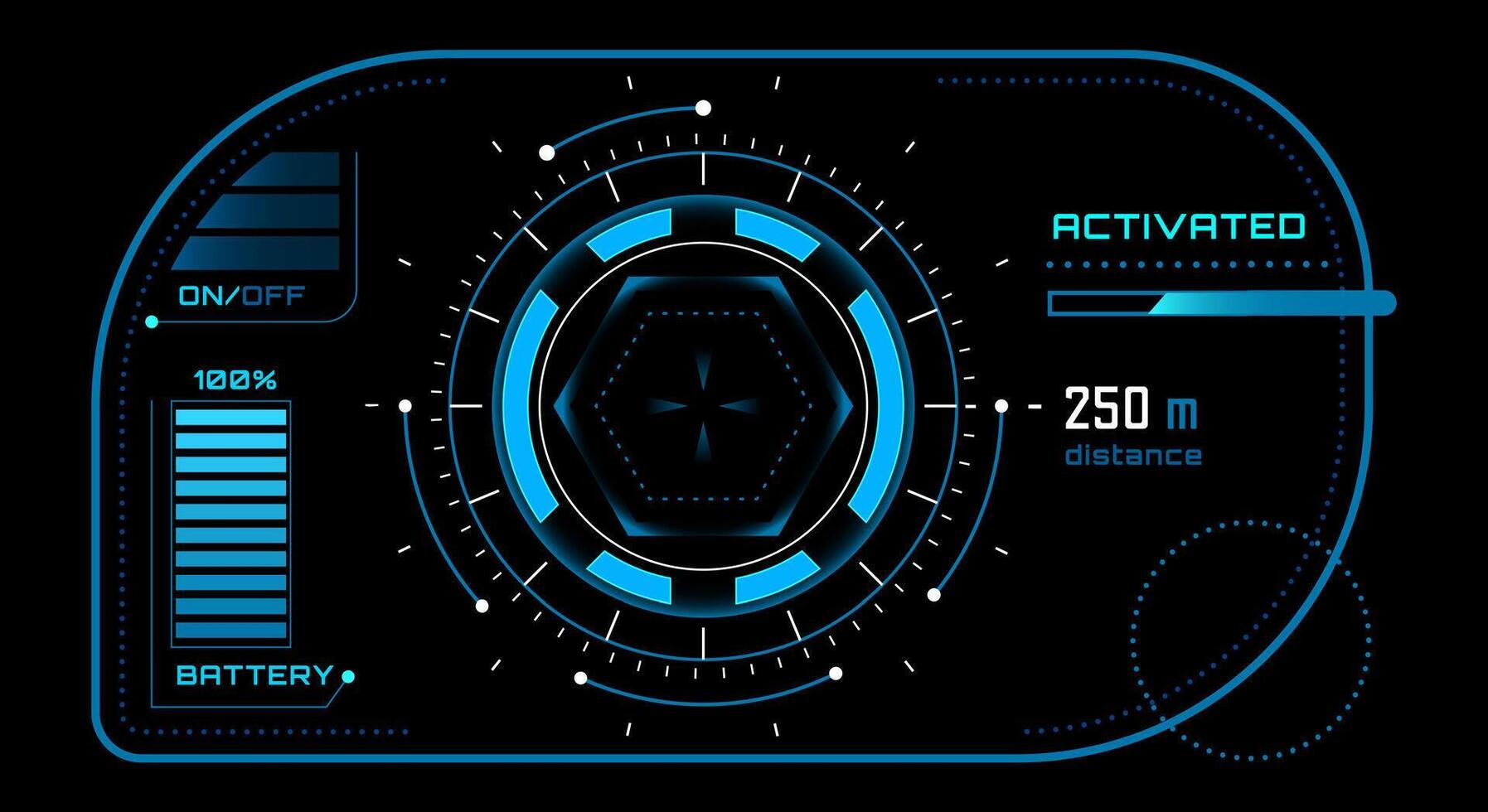 Futuristic blue circular hud on a black background showing battery status, distance and activation status, perfect for games or futuristic interfaces vector