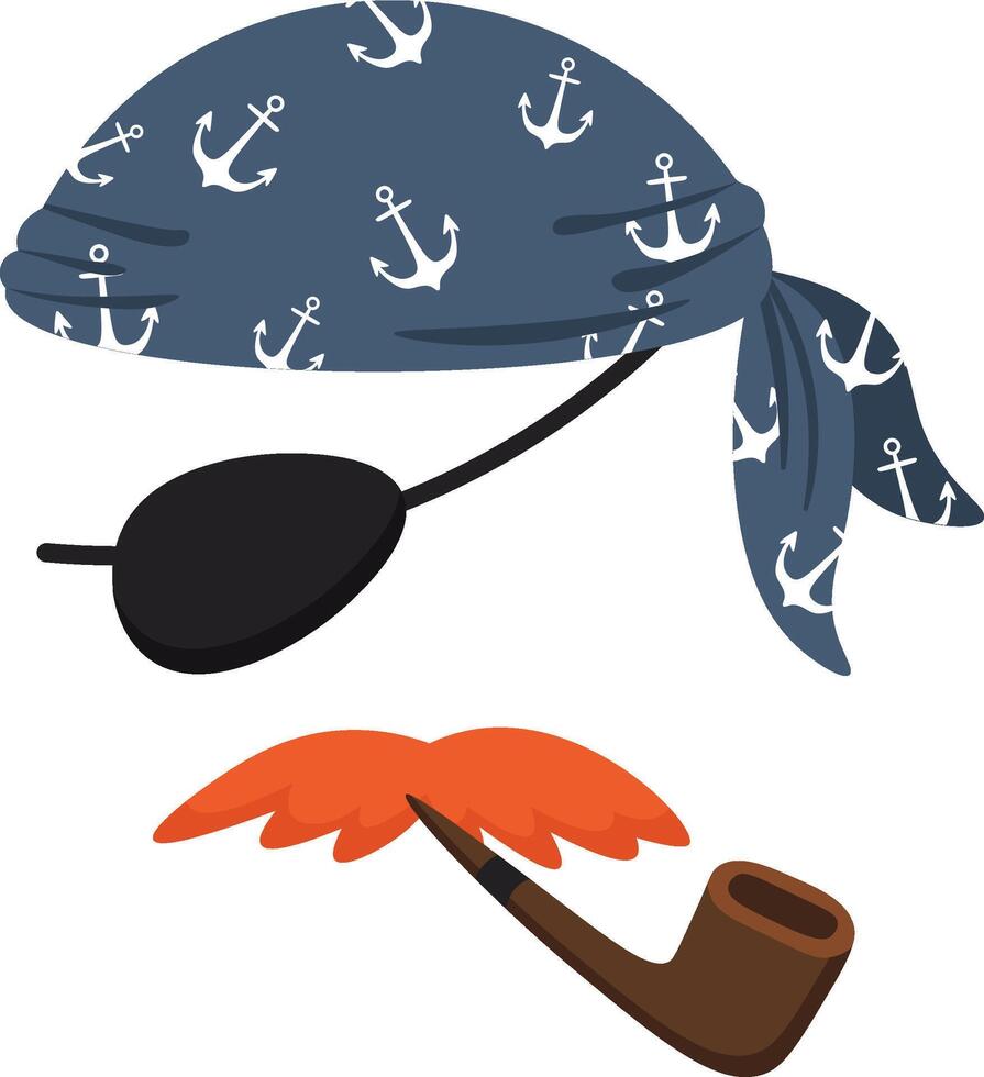 Cartoon illustration of a stereotypical pirate character wearing an anchor patterned blue bandana, eye patch and smoking a pipe with a bushy orange mustache vector