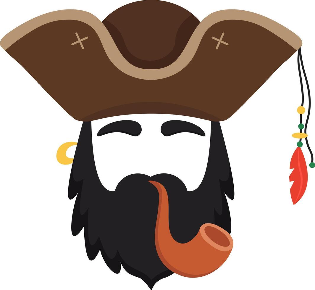 Portrait of a cartoon pirate captain enjoying his pipe with closed eyes, wearing a tricorne hat with feathers and beads, and a gold earring vector