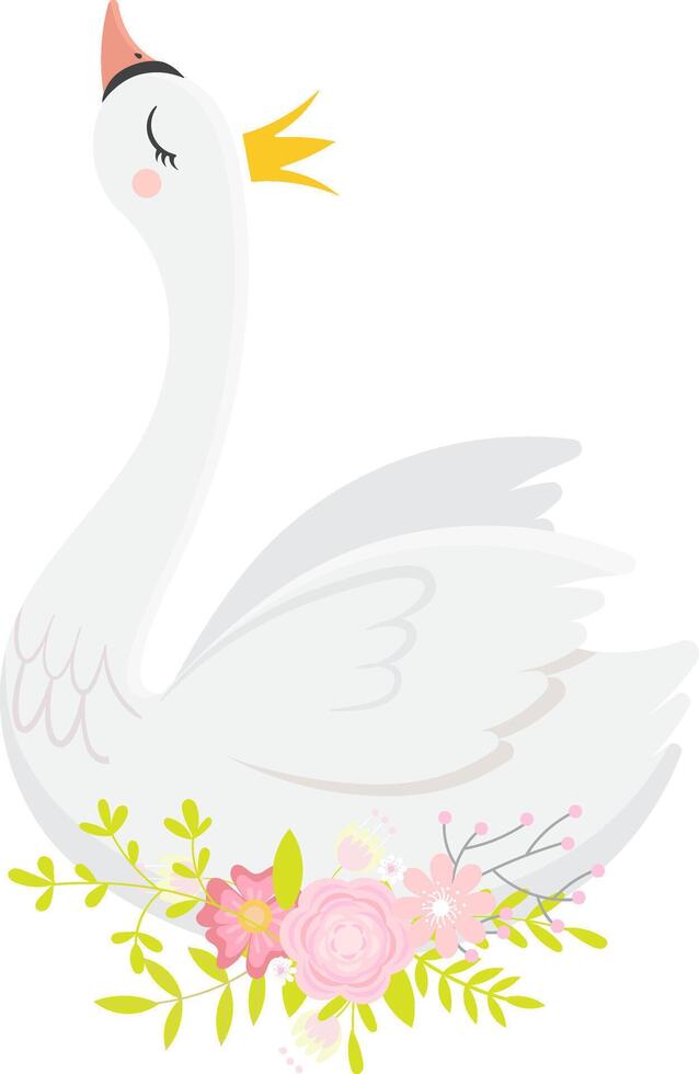 Cute illustration of majestic white swan wearing golden crown and surrounded by pink roses, leaves and flowers, looking up with closed eyes vector