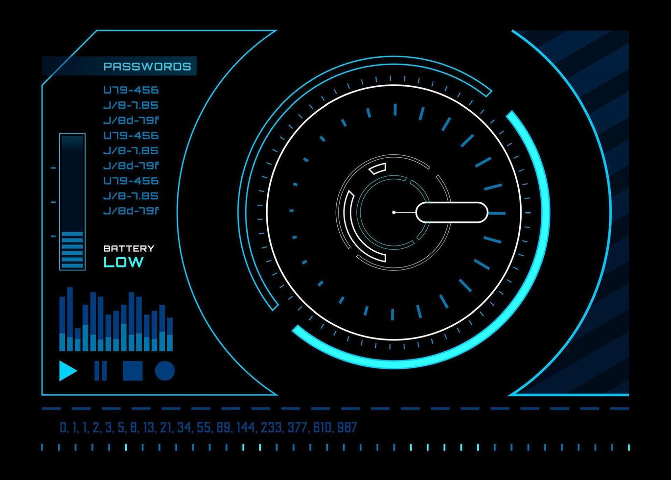Futuristic heads up display with a circular interface, displaying passwords, low battery warning and processing data, creating a technological and futuristic atmosphere vector