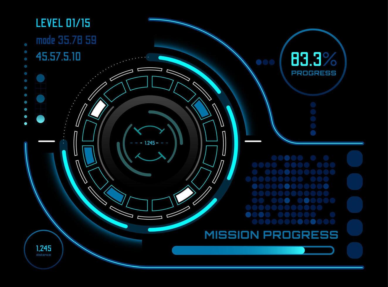 Futuristic head up display - HUD - interface with glowing neon elements, showing mission progress, level information, mode, and distance data on a dark background vector
