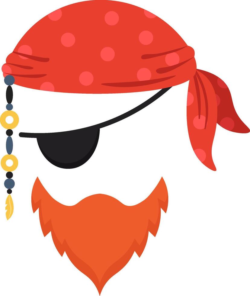 Cartoon illustration of buccaneer accessories including red dotted bandana, black eyepatch, ginger beard and golden earring, isolated on white background vector