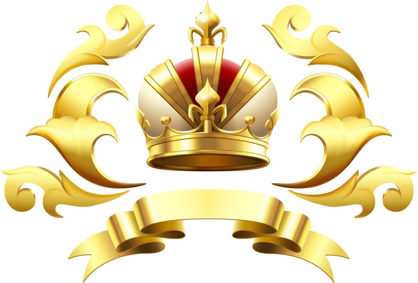 Golden royal crown with red and white velvet and golden ribbon is decorating a white background, creating a luxurious and regal heraldic emblem vector