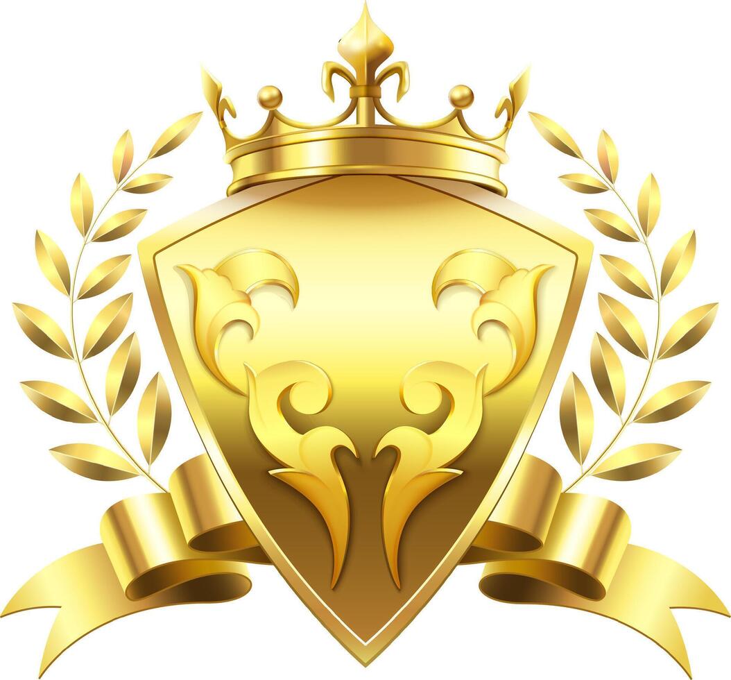 Luxurious golden shield adorned with a crown, elegant laurel wreath, and flowing ribbon, representing prestige, exclusivity, and exceptional quality in a refined design vector