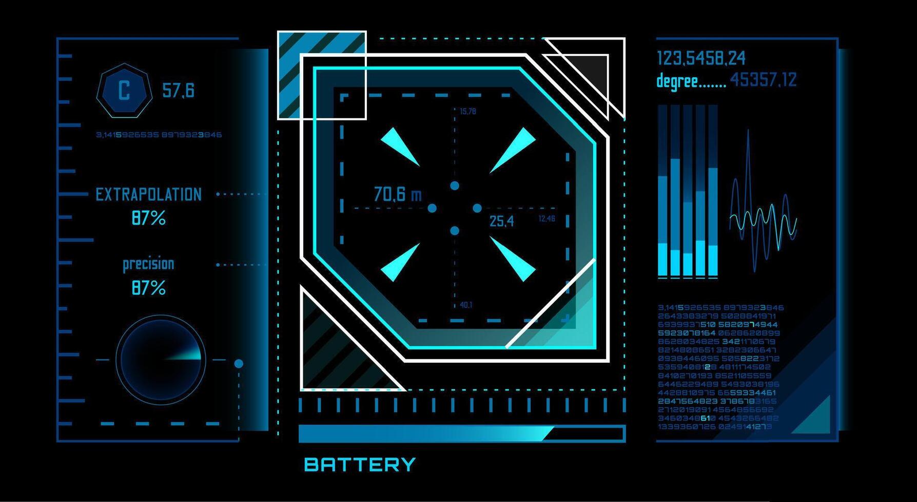 Futuristic heads up display - HUD - featuring glowing blue and white lines and numbers, showcasing target coordinates, precision percentages, battery levels, and other data on a black background vector