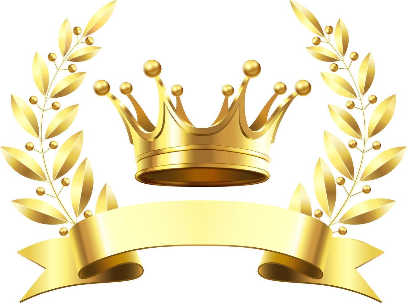 Golden crown with laurel wreath and a ribbon banner, symbolizing royalty, achievement, victory, and high quality products or services, perfect for luxury branding and marketing vector