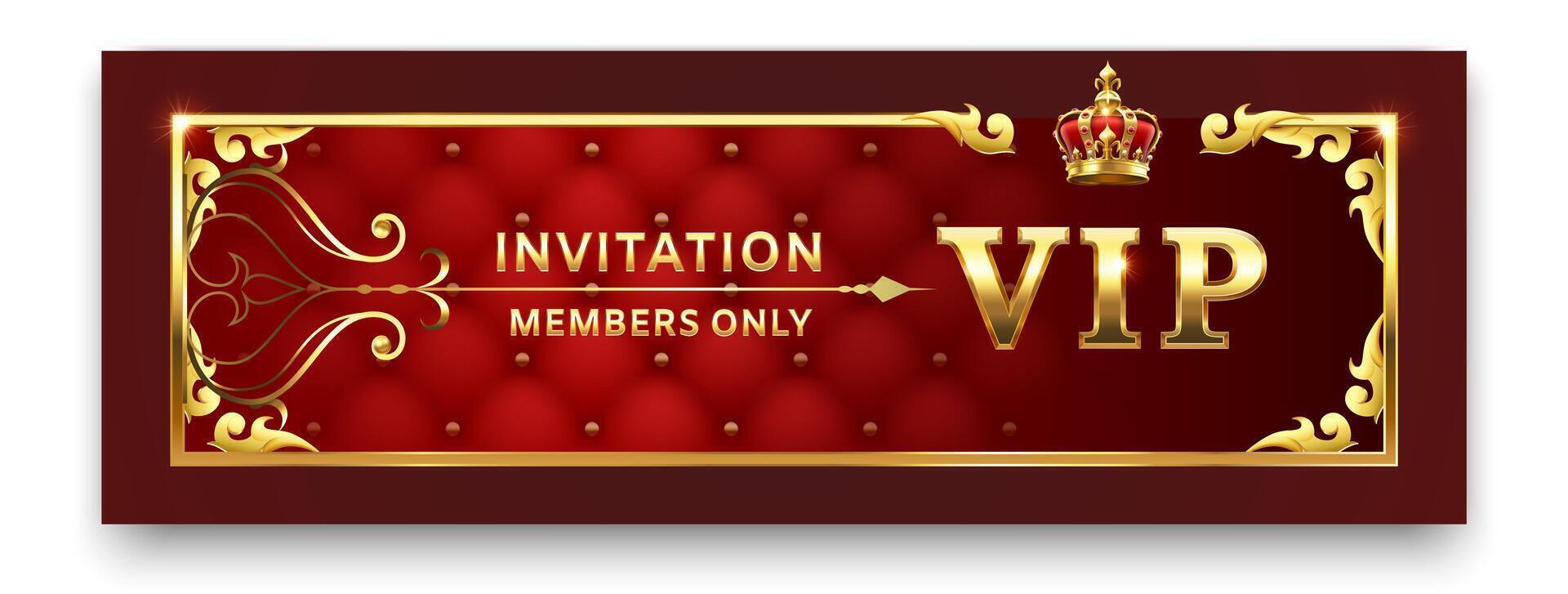 Luxurious vip invitation with golden frame and crown on red velvet background representing exclusivity, privilege and members only access to premium events vector