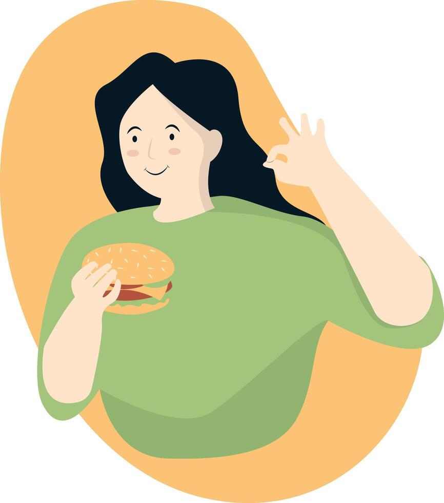 Woman Eating Delicious Hamburger Illustration on White Background vector