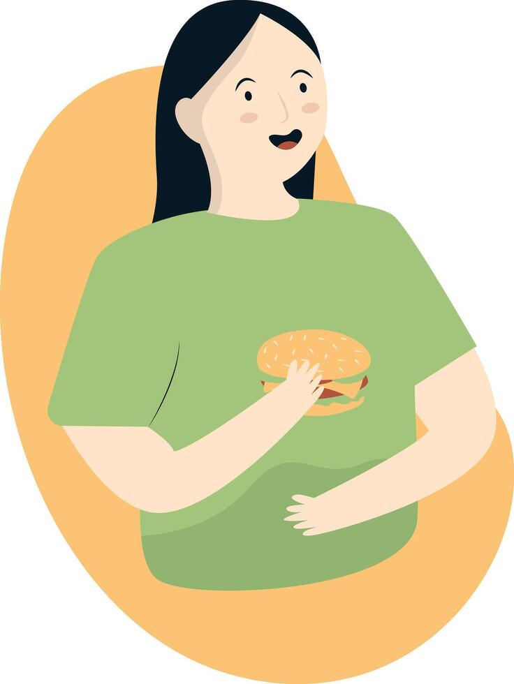 Woman Eating Delicious Hamburger Illustration. vector