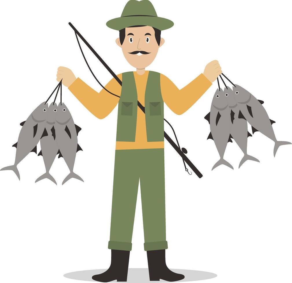 Fishing Male Character Isolated on White Background. vector
