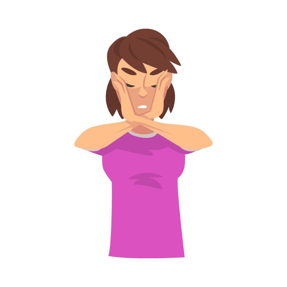 Girl is on the back of the palms on her face cartoon illustration vector