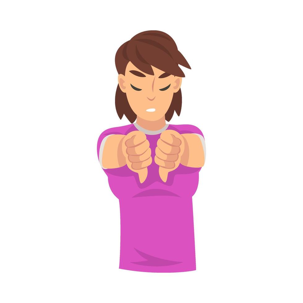 Girl holds two fists fingers down in front of her, dislike cartoon illustration vector