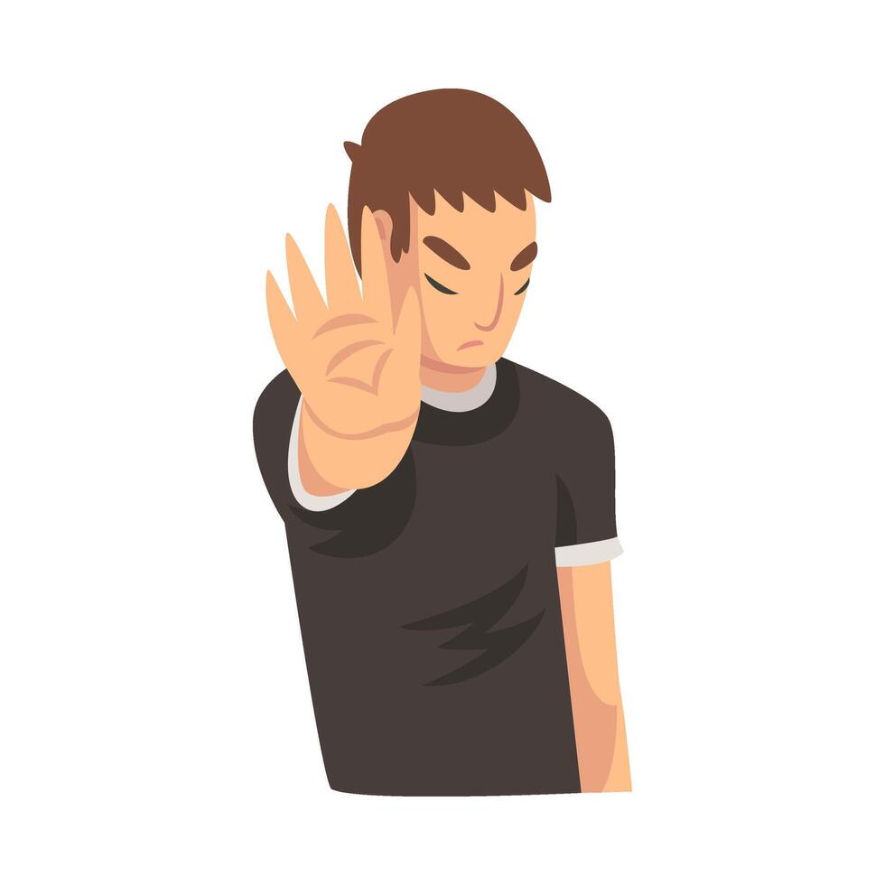 Boy holds palm in front of his saying stop cartoon illustration vector
