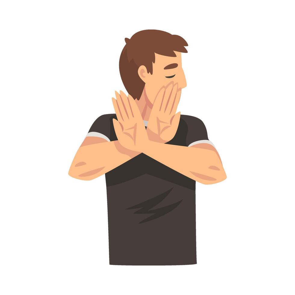 Boy holds arms crossed in front of his saying stop cartoon illustration vector