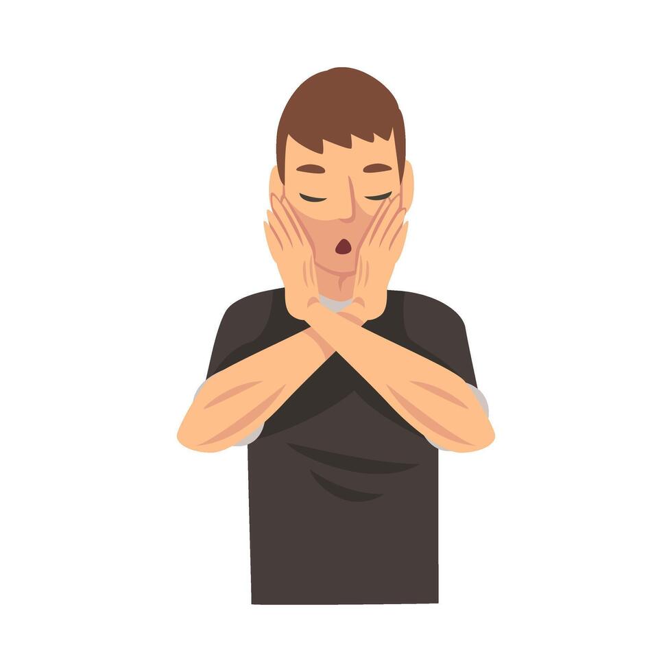 Boy is on the back of the palms on his face and saying something cartoon illustration vector