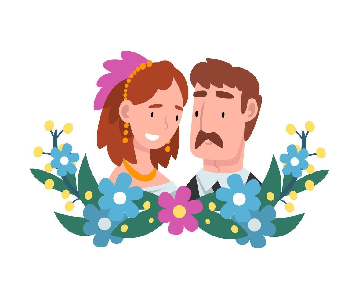 Portrait of bride and groom standing behind a wreath cartoon illustration vector