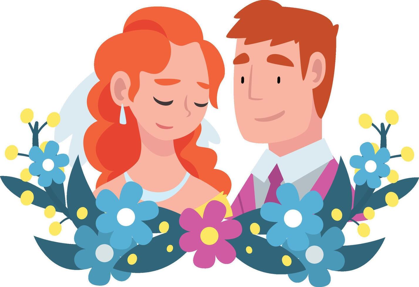 Portrait of bride and groom standing behind a wreath cartoon illustration vector