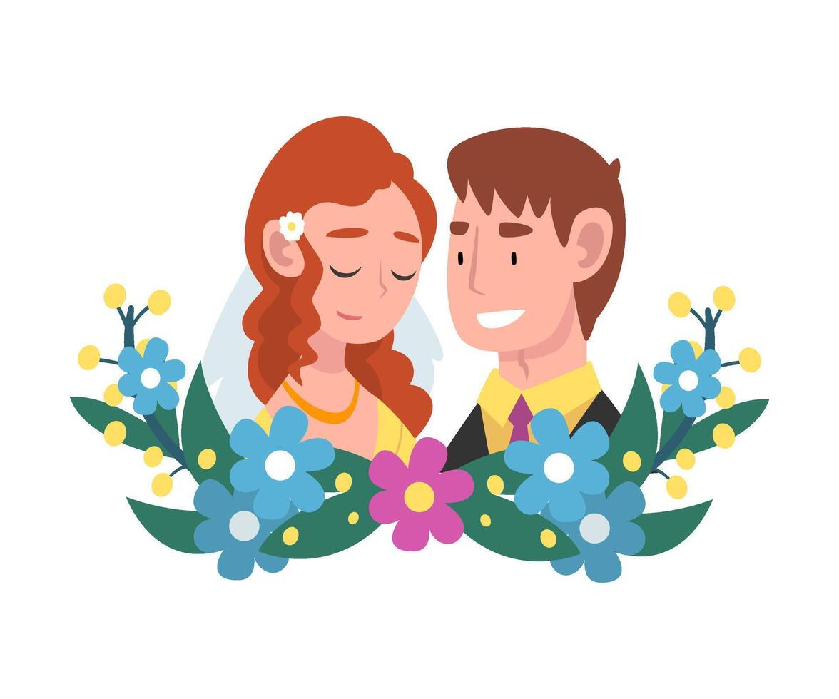 Portrait of bride and groom standing behind a wreath cartoon illustration vector