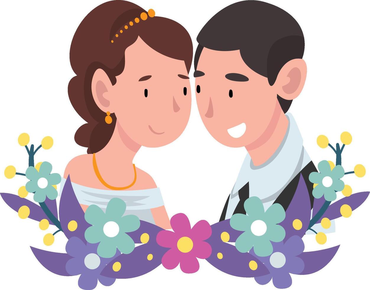 Portrait of bride and groom standing behind a wreath cartoon illustration vector