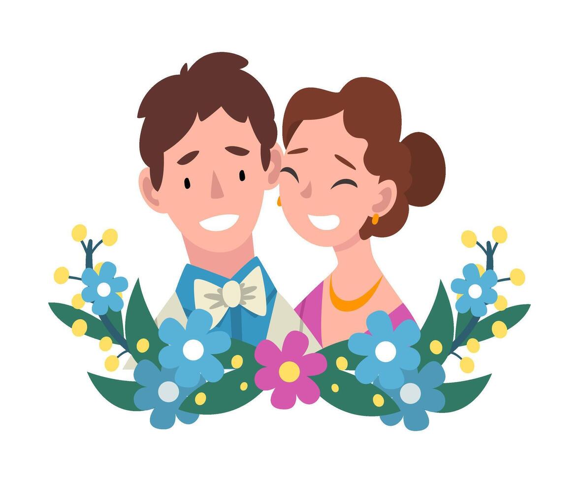 Portrait of bride and groom standing behind a wreath cartoon illustration vector