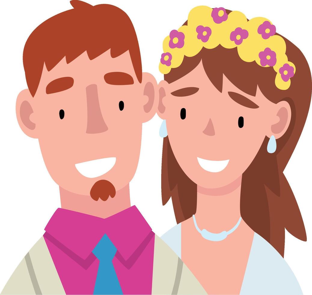 Portrait of bride and groom standing behind a wreath cartoon illustration vector