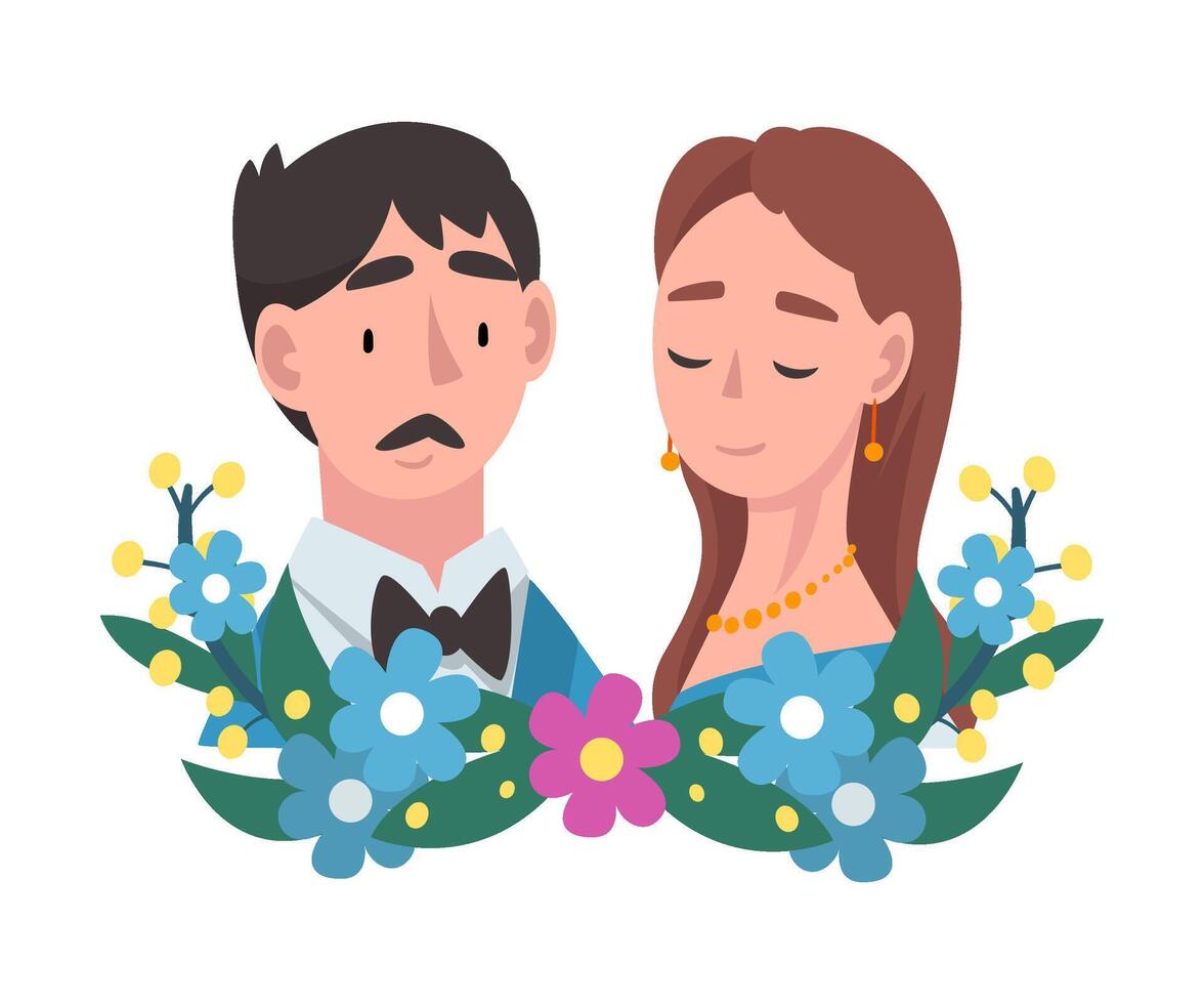 Portrait of bride and groom standing behind a wreath cartoon illustration vector