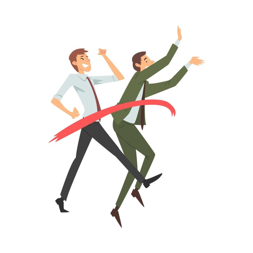 Two men in office clothes joyfully runs through red tape cartoon illustration vector