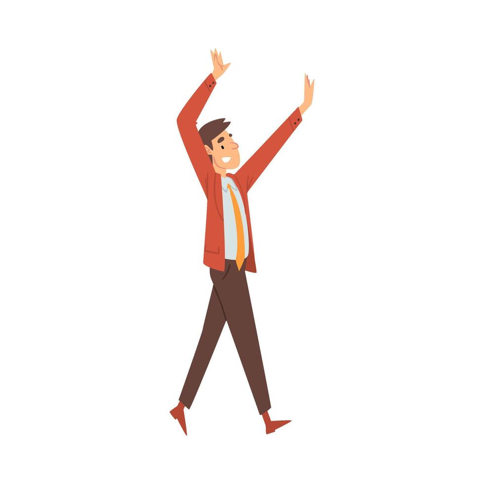 Man in office clothes joyfully goes and waves hands cartoon illustration vector