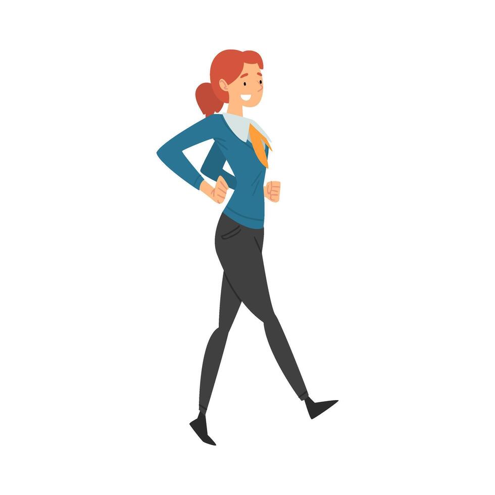 Woman in office clothes joyfully goes cartoon illustration vector