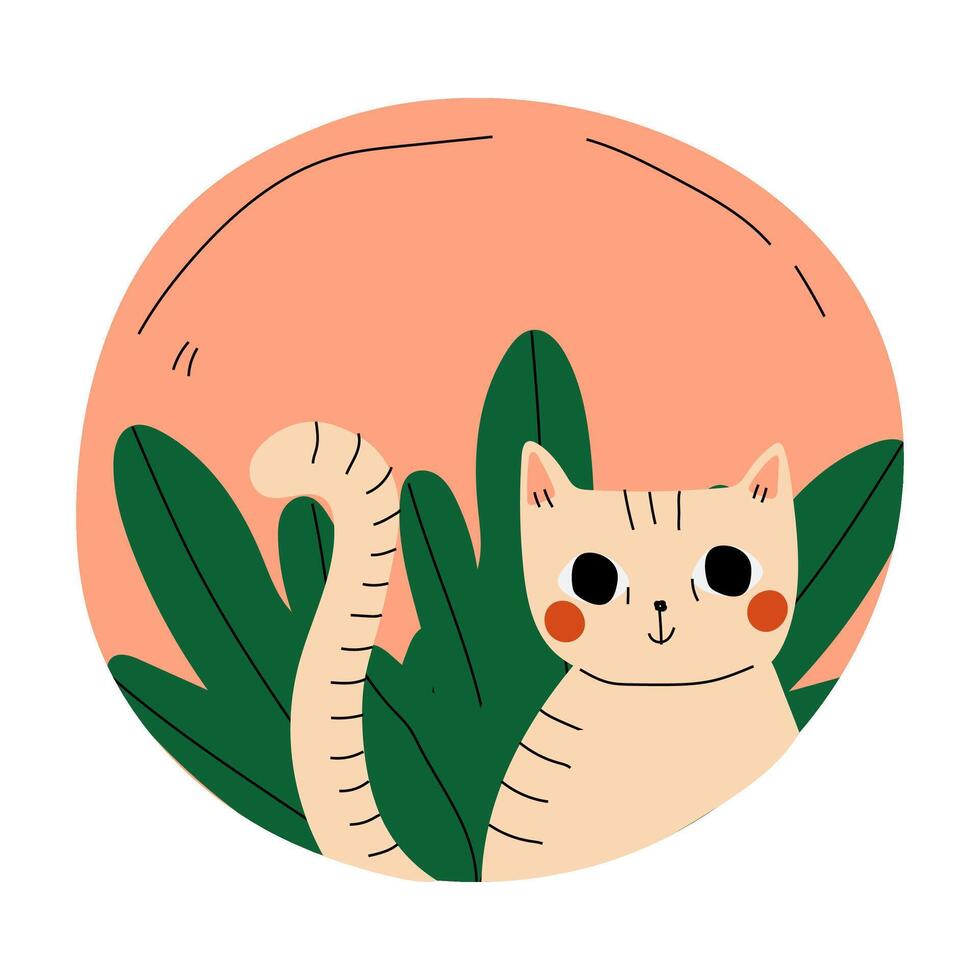 Cute cat in a pink circle cartoon illustration vector