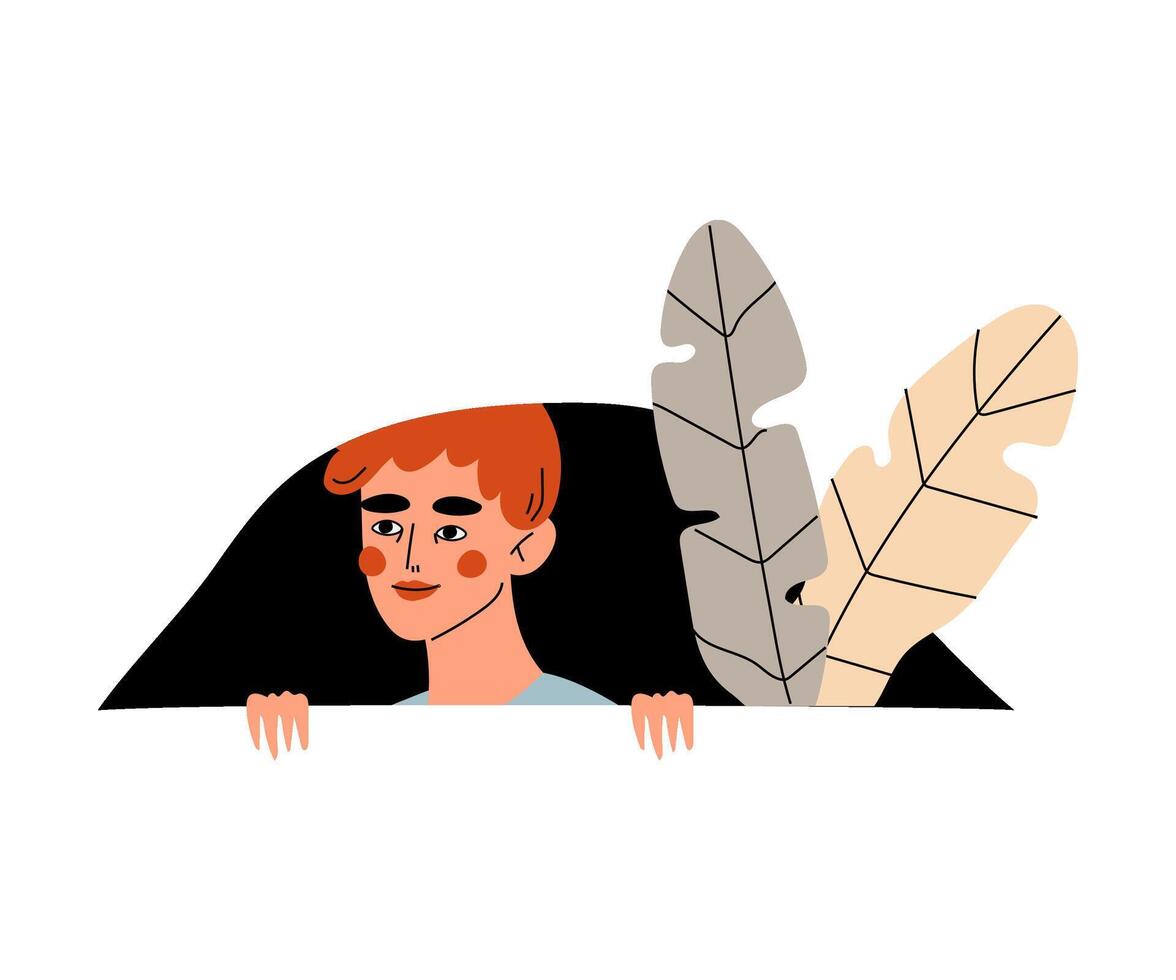 Guy looks out of the dark with feathers cartoon illustration vector