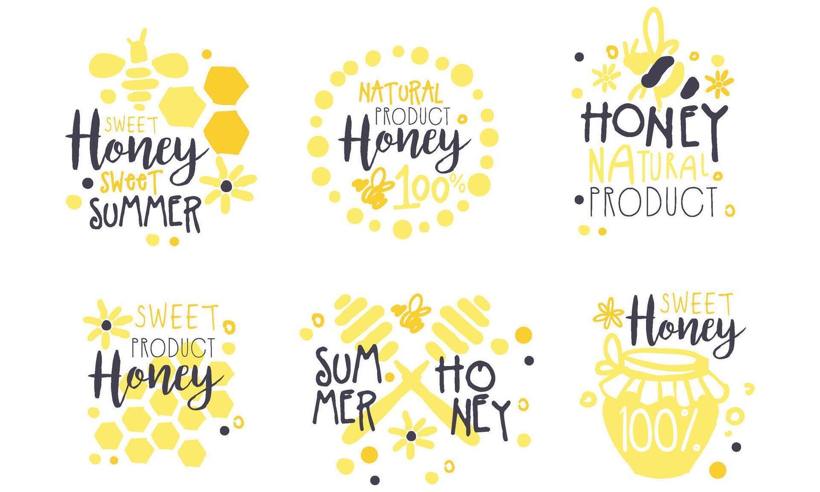 Honey Natural Product Logo Set, Sweet Summer Hand Drawn Labels Illustration vector