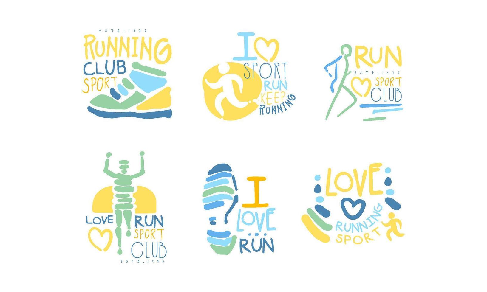 Running Sport Club Logo Set, I Love Run Hand Drawn Labels Illustration vector