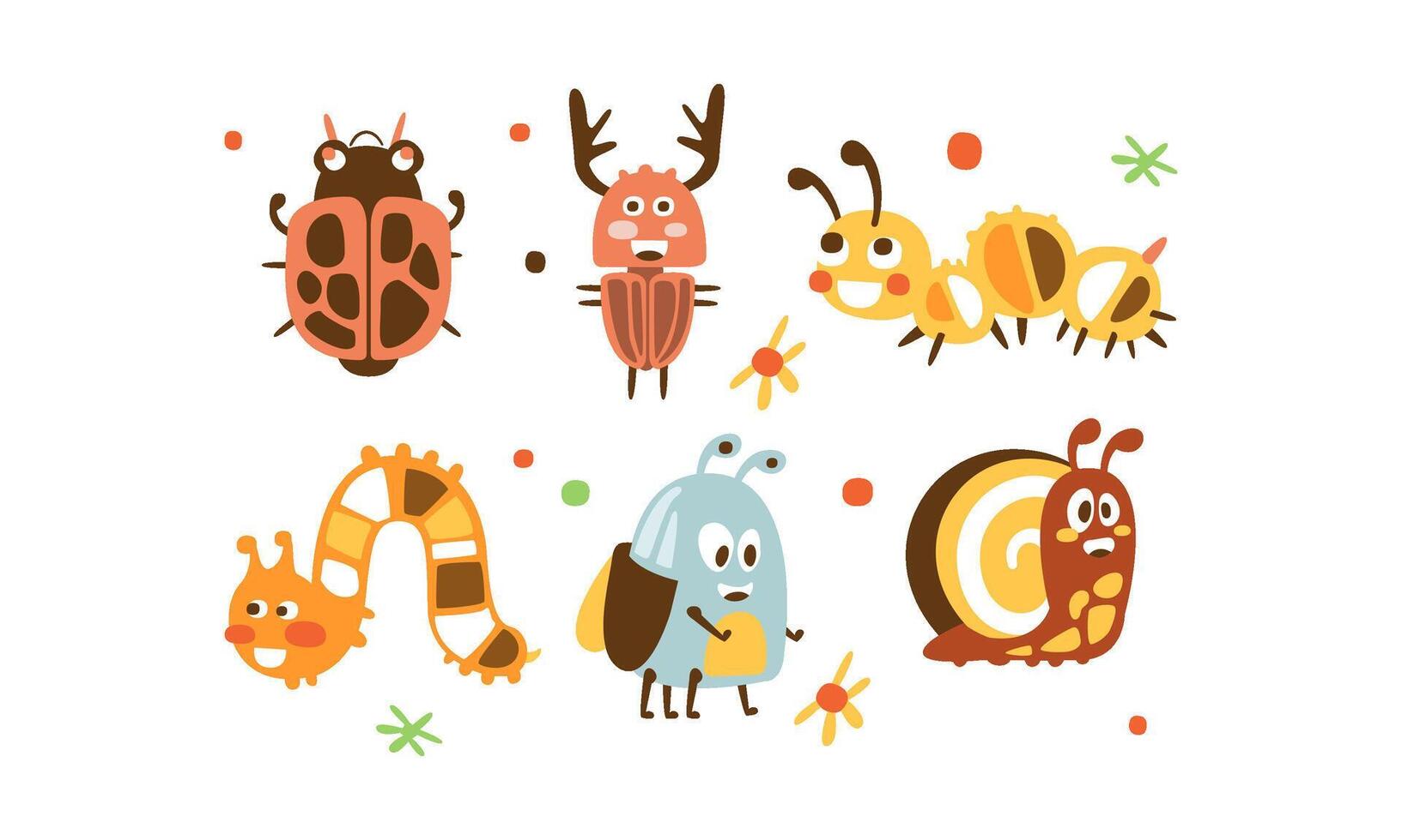 Cute Insects Set, Ladybug, Beetle, Deer, Caterpillar, Snail Childish Prints Illustration vector