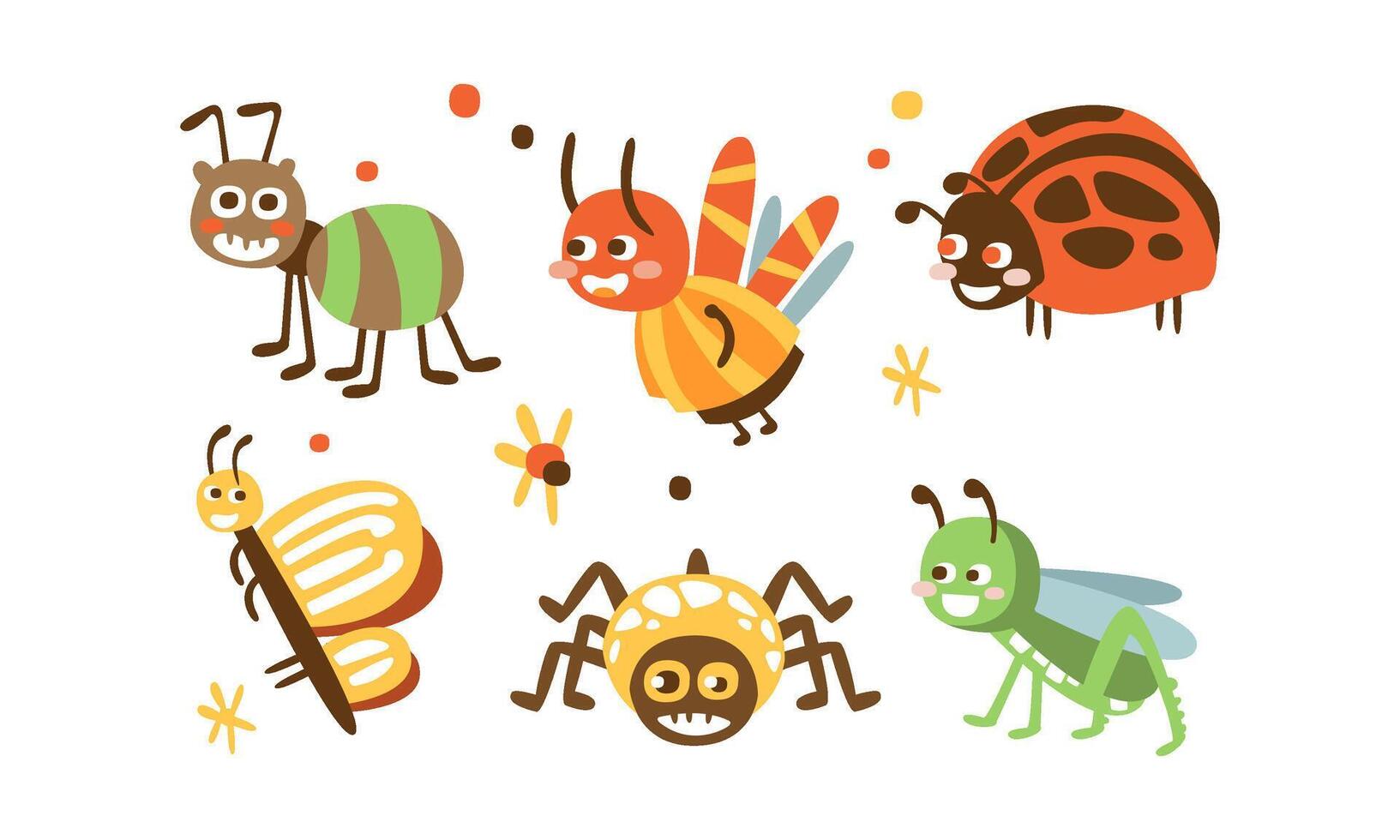 Cute Insects Set, Ladybug, Beetle, Ant, Spider, Butterfly, Grasshopper Childish Prints Illustration vector