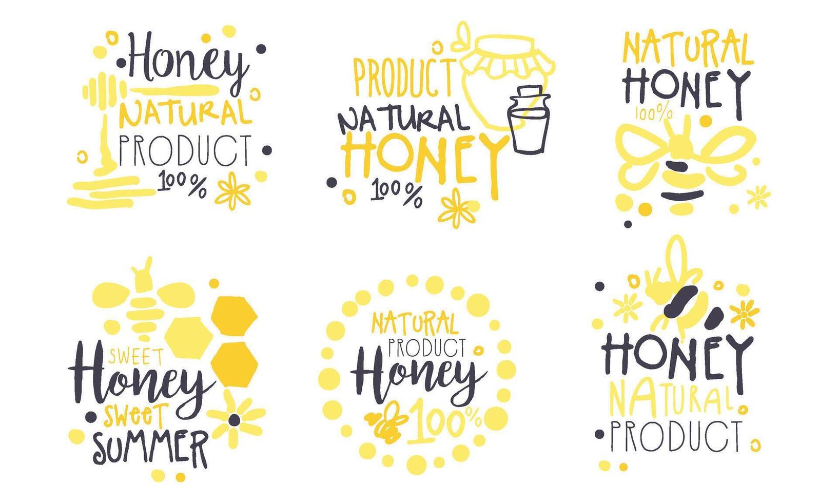 Natural Honey Product Logo Set, Sweet Summer Product Hand Drawn Labels Illustration vector