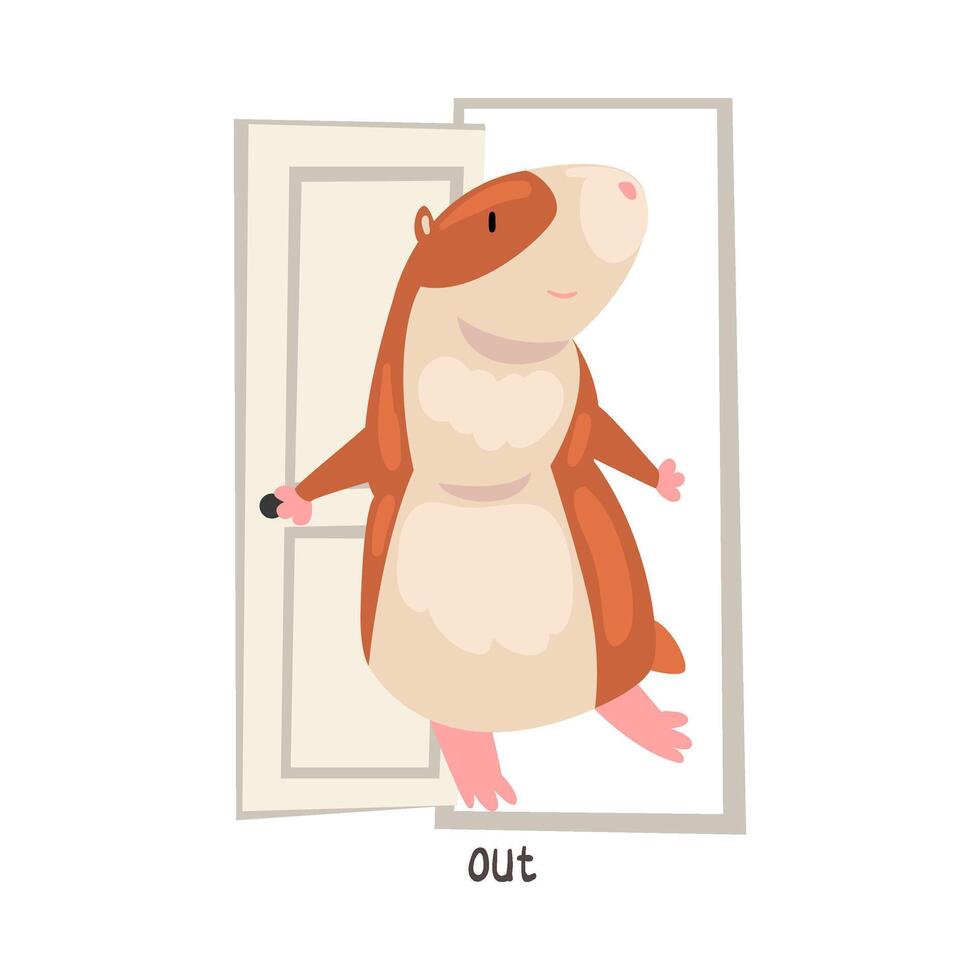 Out English Language Preposition of Place and Cute Hamster Character, Educational Visual Material for Children Education Illustration vector