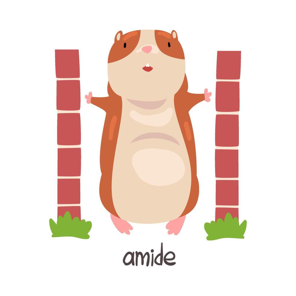 Amid English Language Preposition of Place and Cute Hamster Character, Educational Visual Material for Children Education Illustration vector
